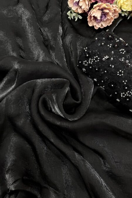 Women's Classic Black Shimmer Saree with All-Over Sequin Embellished Blouse Piece
