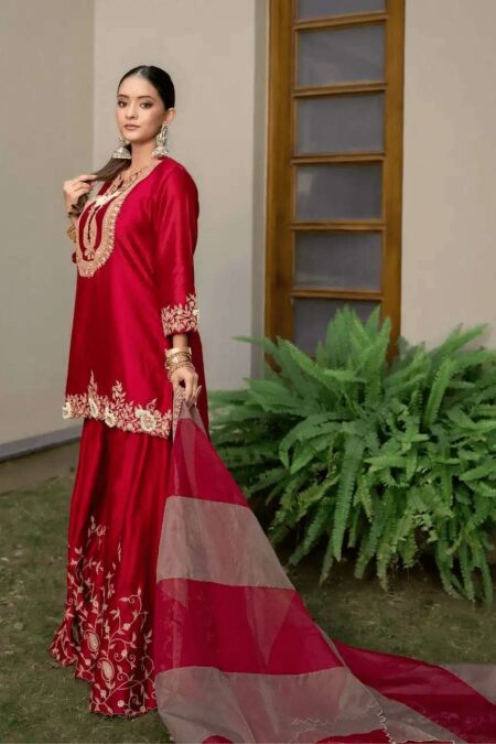 Women's Chinon Silk Sequence Embroidery Work Straight Kurti With Sharara Suit and Dupatta Set