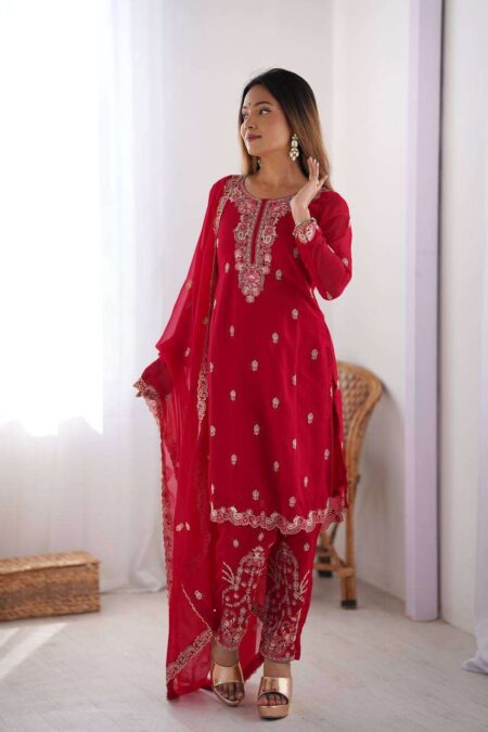 Women's Georgette Embroidery Straight Kurti with Pant And Dupatta Set