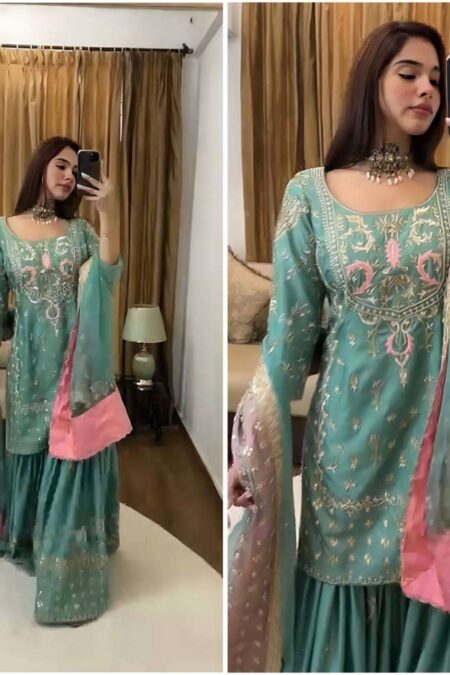 Women's Chinon Silk Heavy Embroidery Straight Kurta With Sharara and Dupatta set